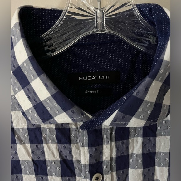 Bugatchi Shaped Fit Men’s Button Down Shirt, Blue/White Checkered Cotton; Size L - Picture 3 of 11